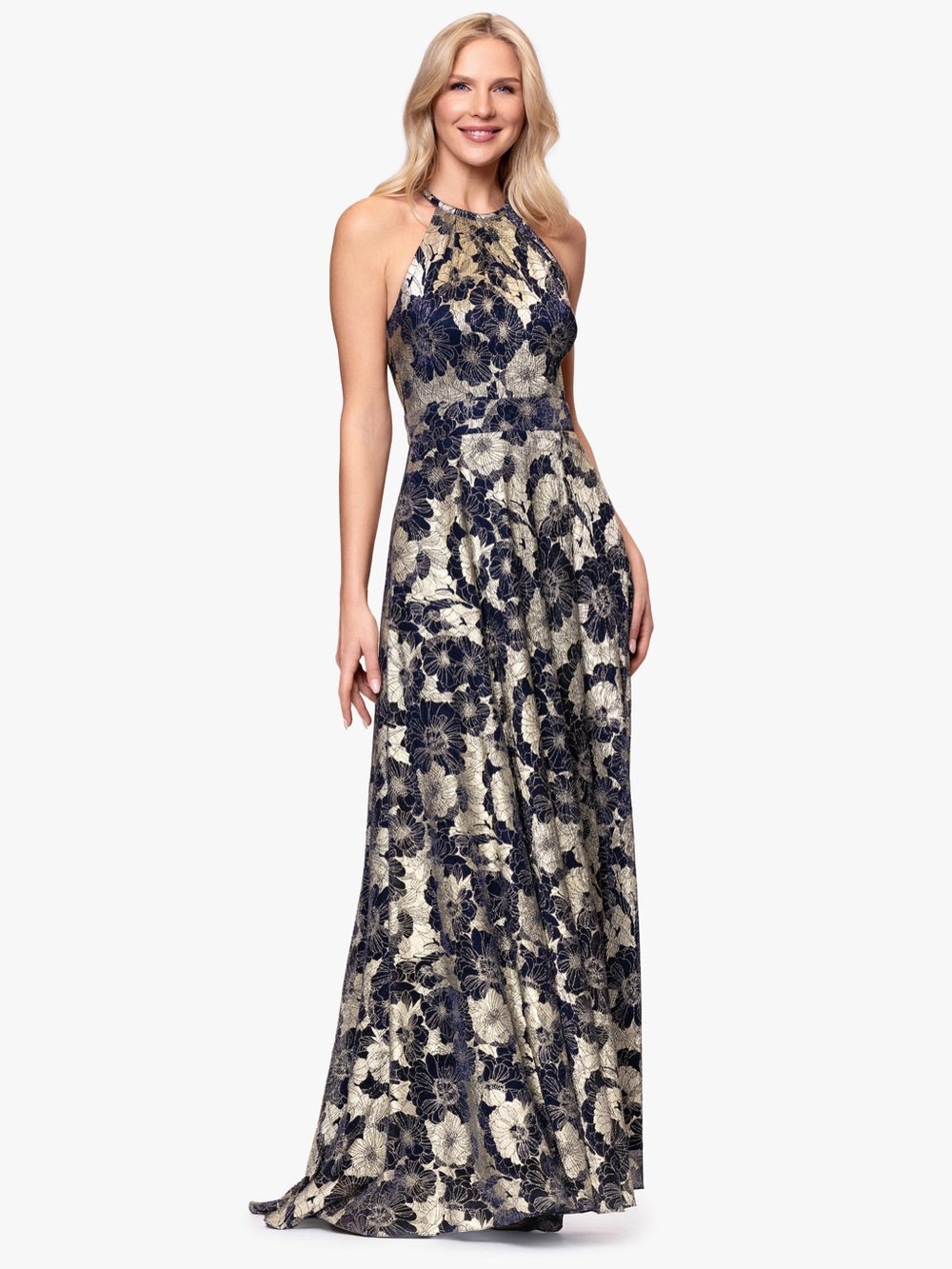 Betsy & Adam navy and gold metallic Halter Maxi Dress w/ pockets A24360 NVG
